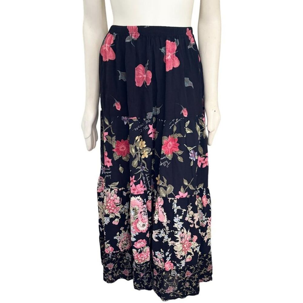 MY BOYFRIENDS BACK Tiered Pull On Bohemian Maxi Skirt in Black Floral  SZ M